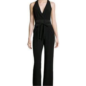 Halston Heritage Crepe Halter Jumpsuit Black Pleated Pockets Minimalist Prom